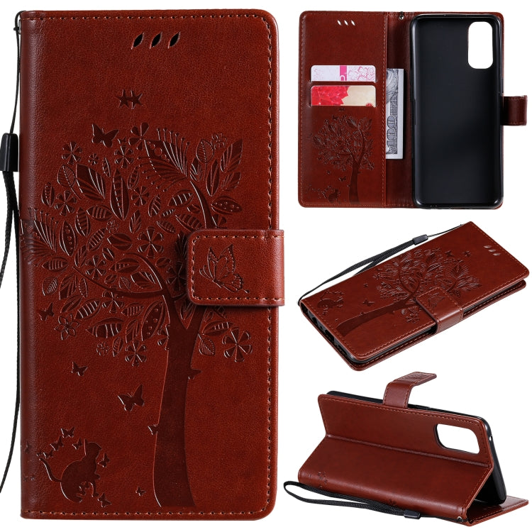 Tree & Cat Pattern Pressed Printing Horizontal Flip PU Leather Case with Holder & Card Slots & Wallet & Lanyard, For OPPO Reno4