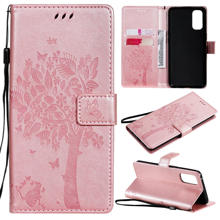 Tree & Cat Pattern Pressed Printing Horizontal Flip PU Leather Case with Holder & Card Slots & Wallet & Lanyard, For OPPO Reno4
