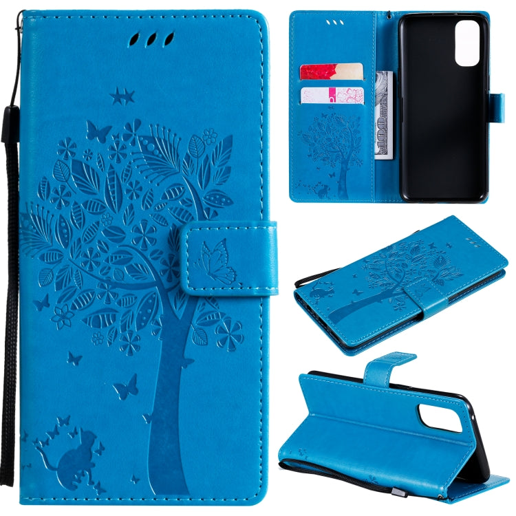 Tree & Cat Pattern Pressed Printing Horizontal Flip PU Leather Case with Holder & Card Slots & Wallet & Lanyard, For OPPO Reno4