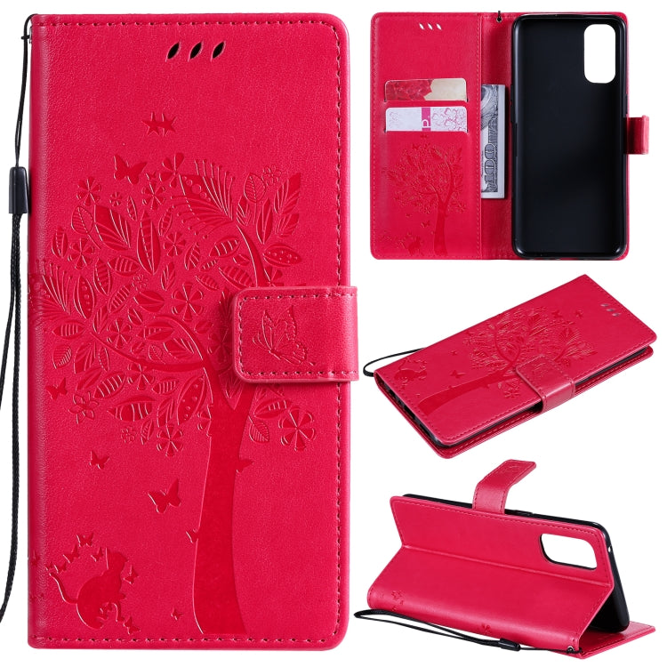 Tree & Cat Pattern Pressed Printing Horizontal Flip PU Leather Case with Holder & Card Slots & Wallet & Lanyard, For OPPO Reno4