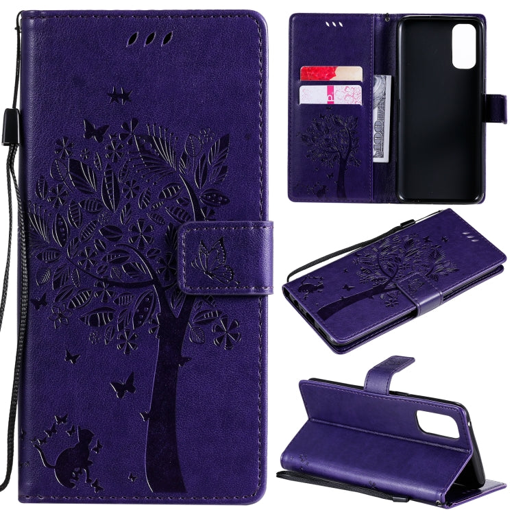 Tree & Cat Pattern Pressed Printing Horizontal Flip PU Leather Case with Holder & Card Slots & Wallet & Lanyard, For OPPO Reno4