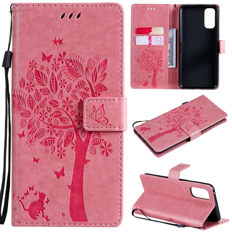 Tree & Cat Pattern Pressed Printing Horizontal Flip PU Leather Case with Holder & Card Slots & Wallet & Lanyard, For OPPO Reno4