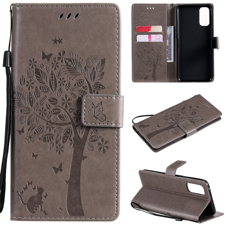 Tree & Cat Pattern Pressed Printing Horizontal Flip PU Leather Case with Holder & Card Slots & Wallet & Lanyard, For OPPO Reno4