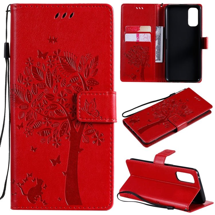 Tree & Cat Pattern Pressed Printing Horizontal Flip PU Leather Case with Holder & Card Slots & Wallet & Lanyard, For OPPO Reno4