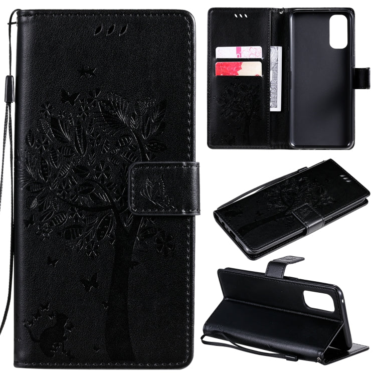 Tree & Cat Pattern Pressed Printing Horizontal Flip PU Leather Case with Holder & Card Slots & Wallet & Lanyard, For OPPO Reno4
