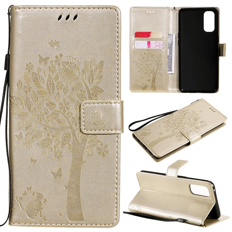Tree & Cat Pattern Pressed Printing Horizontal Flip PU Leather Case with Holder & Card Slots & Wallet & Lanyard, For OPPO Reno4