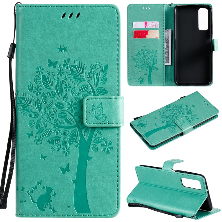 Tree & Cat Pattern Pressed Printing Horizontal Flip PU Leather Case with Holder & Card Slots & Wallet & Lanyard, For LG K22 / K22 Plus, For Huawei P Smart 2021