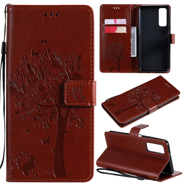 Tree & Cat Pattern Pressed Printing Horizontal Flip PU Leather Case with Holder & Card Slots & Wallet & Lanyard, For LG K22 / K22 Plus, For Huawei P Smart 2021