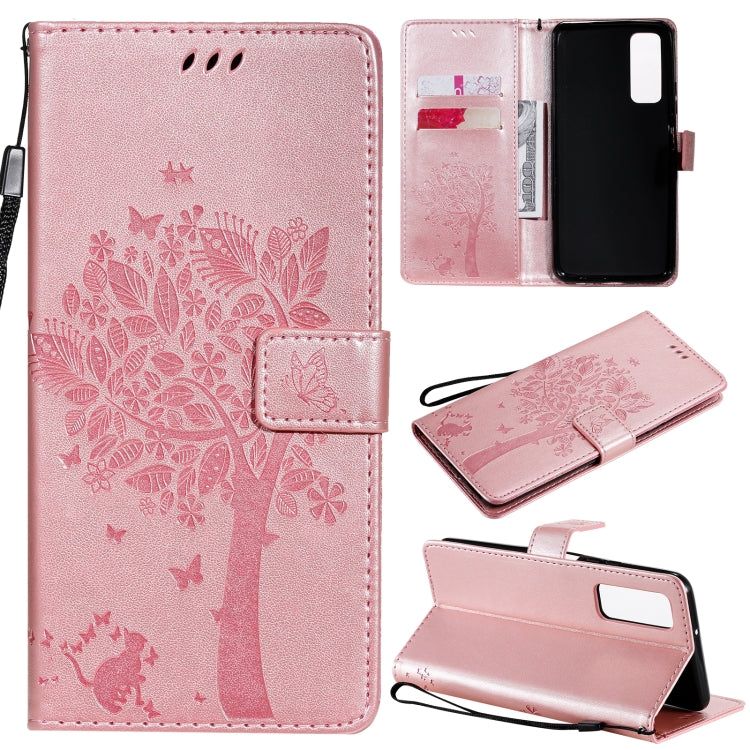 Tree & Cat Pattern Pressed Printing Horizontal Flip PU Leather Case with Holder & Card Slots & Wallet & Lanyard, For LG K22 / K22 Plus, For Huawei P Smart 2021