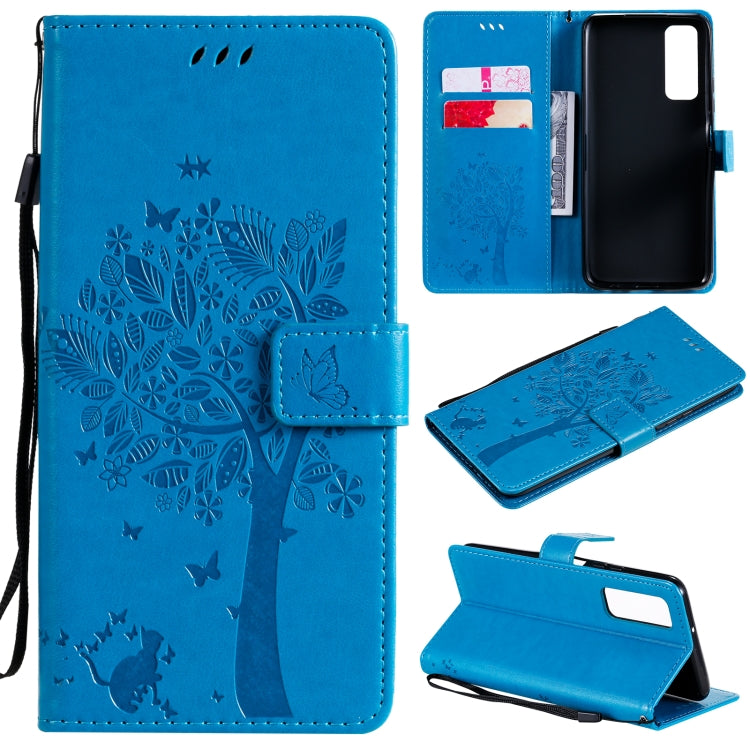 Tree & Cat Pattern Pressed Printing Horizontal Flip PU Leather Case with Holder & Card Slots & Wallet & Lanyard, For LG K22 / K22 Plus, For Huawei P Smart 2021