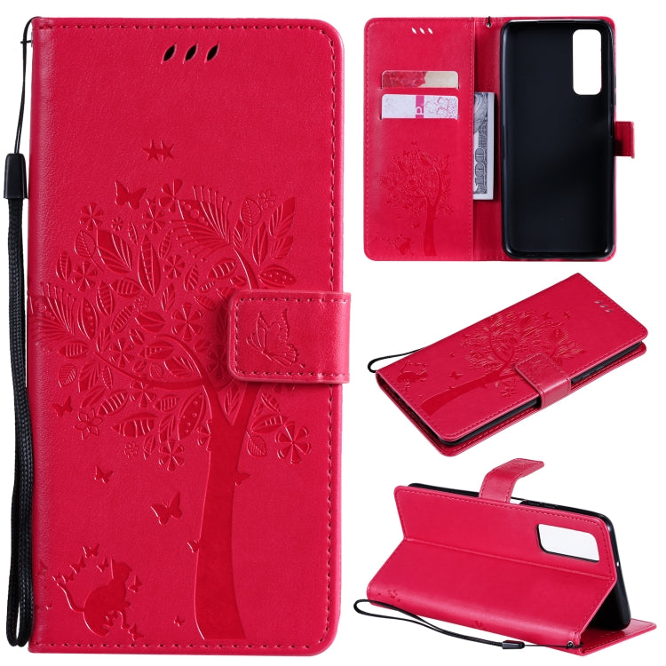 Tree & Cat Pattern Pressed Printing Horizontal Flip PU Leather Case with Holder & Card Slots & Wallet & Lanyard, For LG K22 / K22 Plus, For Huawei P Smart 2021