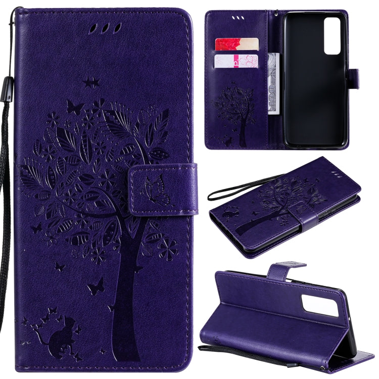 Tree & Cat Pattern Pressed Printing Horizontal Flip PU Leather Case with Holder & Card Slots & Wallet & Lanyard, For LG K22 / K22 Plus, For Huawei P Smart 2021