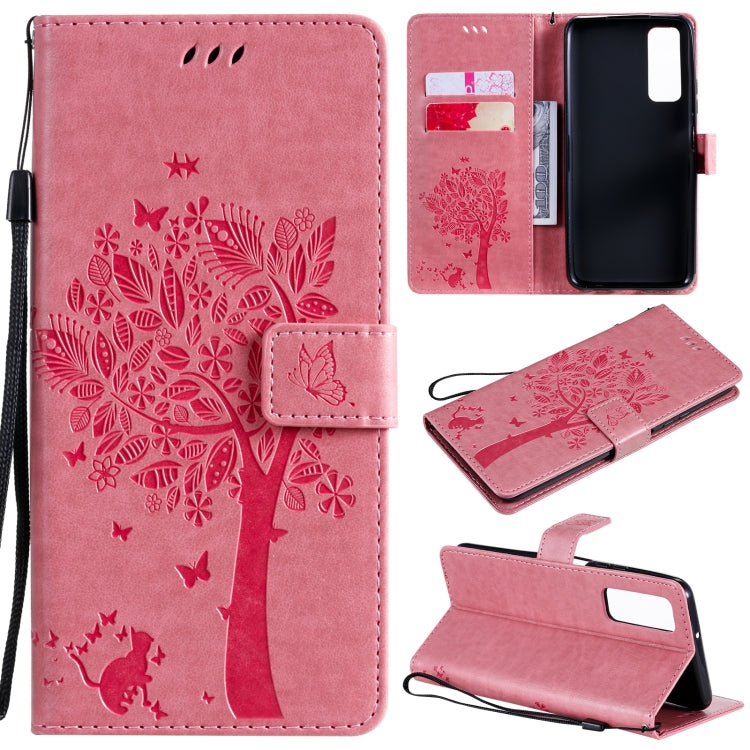 Tree & Cat Pattern Pressed Printing Horizontal Flip PU Leather Case with Holder & Card Slots & Wallet & Lanyard, For LG K22 / K22 Plus, For Huawei P Smart 2021