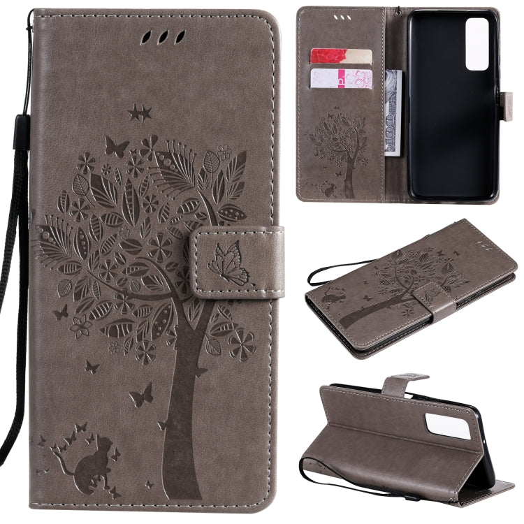 Tree & Cat Pattern Pressed Printing Horizontal Flip PU Leather Case with Holder & Card Slots & Wallet & Lanyard, For LG K22 / K22 Plus, For Huawei P Smart 2021