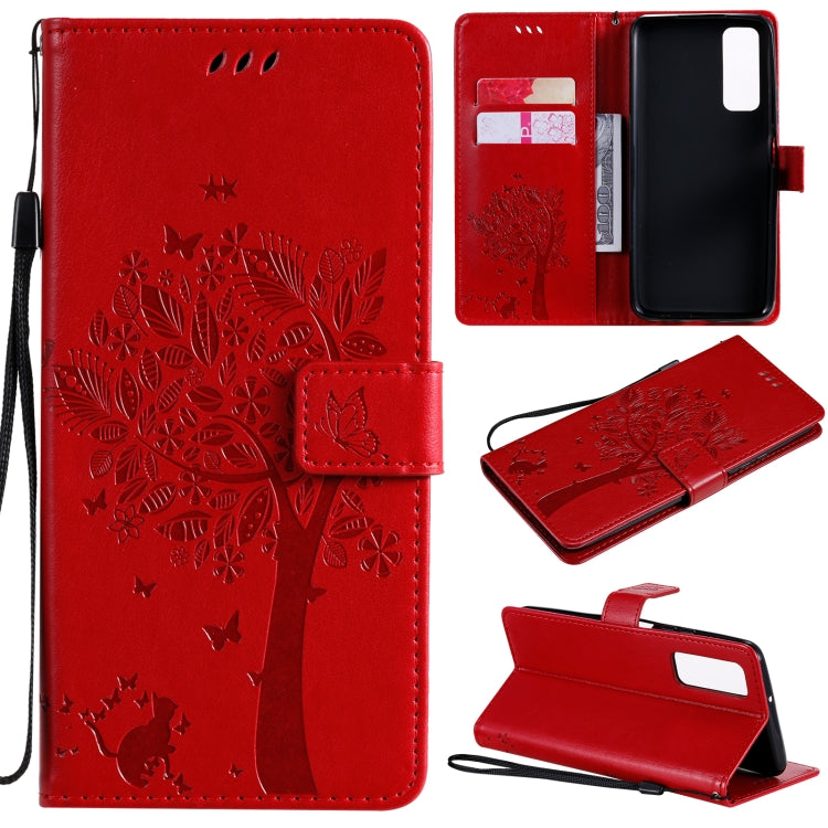 Tree & Cat Pattern Pressed Printing Horizontal Flip PU Leather Case with Holder & Card Slots & Wallet & Lanyard, For LG K22 / K22 Plus, For Huawei P Smart 2021