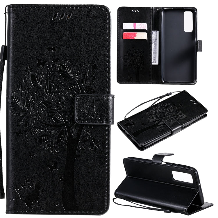 Tree & Cat Pattern Pressed Printing Horizontal Flip PU Leather Case with Holder & Card Slots & Wallet & Lanyard, For LG K22 / K22 Plus, For Huawei P Smart 2021