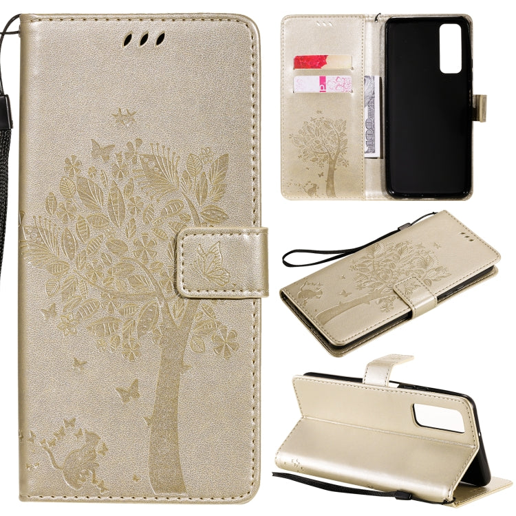 Tree & Cat Pattern Pressed Printing Horizontal Flip PU Leather Case with Holder & Card Slots & Wallet & Lanyard, For LG K22 / K22 Plus, For Huawei P Smart 2021