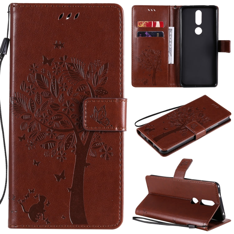 Tree & Cat Pattern Pressed Printing Horizontal Flip PU Leather Case with Holder & Card Slots & Wallet & Lanyard, For OPPO A53(2020) / A32, For Nokia 2.4