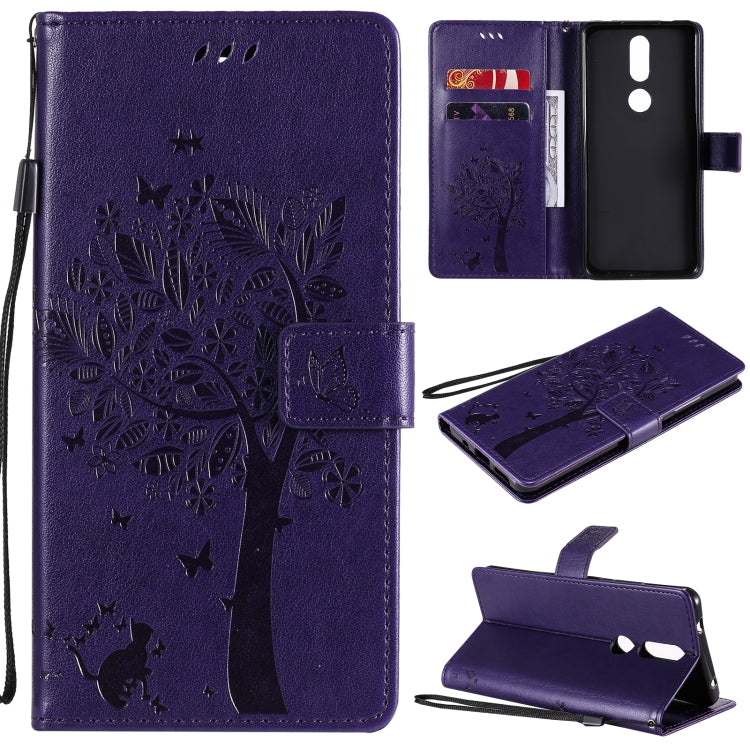 Tree & Cat Pattern Pressed Printing Horizontal Flip PU Leather Case with Holder & Card Slots & Wallet & Lanyard, For OPPO A53(2020) / A32, For Nokia 2.4