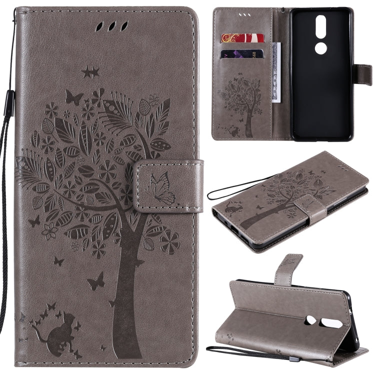 Tree & Cat Pattern Pressed Printing Horizontal Flip PU Leather Case with Holder & Card Slots & Wallet & Lanyard, For OPPO A53(2020) / A32, For Nokia 2.4