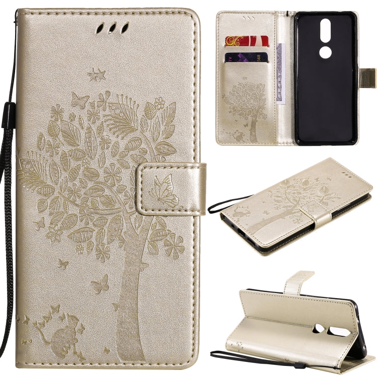 Tree & Cat Pattern Pressed Printing Horizontal Flip PU Leather Case with Holder & Card Slots & Wallet & Lanyard, For OPPO A53(2020) / A32, For Nokia 2.4