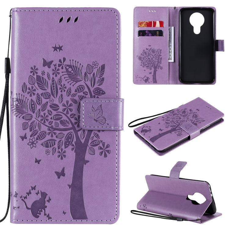 Tree & Cat Pattern Pressed Printing Horizontal Flip PU Leather Case with Holder & Card Slots & Wallet & Lanyard, For OPPO F17 Pro / Reno4 Lite, For Nokia 3.4