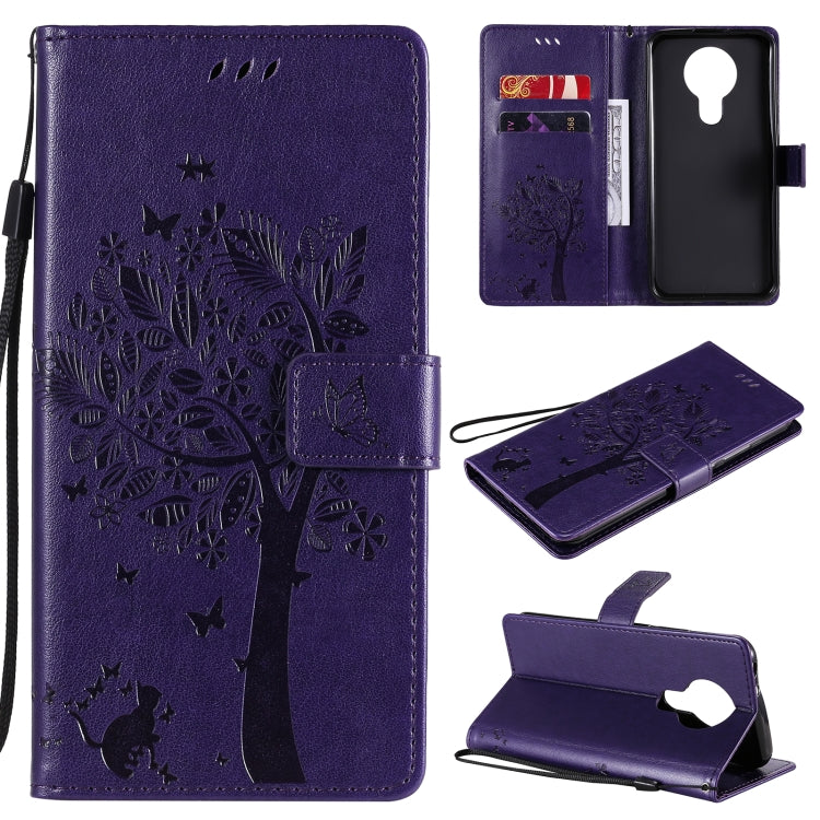 Tree & Cat Pattern Pressed Printing Horizontal Flip PU Leather Case with Holder & Card Slots & Wallet & Lanyard, For OPPO F17 Pro / Reno4 Lite, For Nokia 3.4