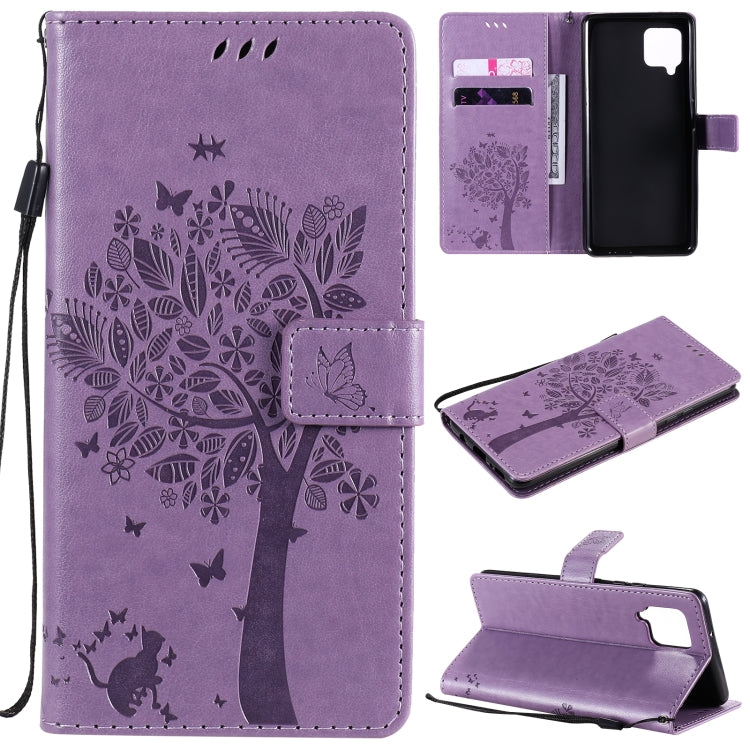 Tree & Cat Pattern Pressed Printing Horizontal Flip PU Leather Case with Holder & Card Slots & Wallet & Lanyard, For OPPO F17 / A73, For Samsung Galaxy A42 5G