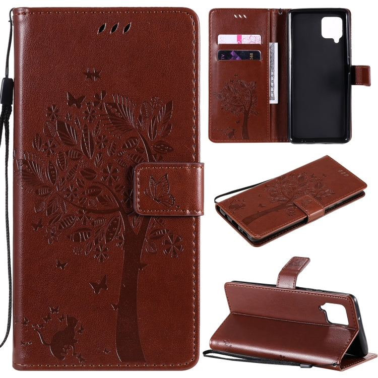 Tree & Cat Pattern Pressed Printing Horizontal Flip PU Leather Case with Holder & Card Slots & Wallet & Lanyard, For OPPO F17 / A73, For Samsung Galaxy A42 5G