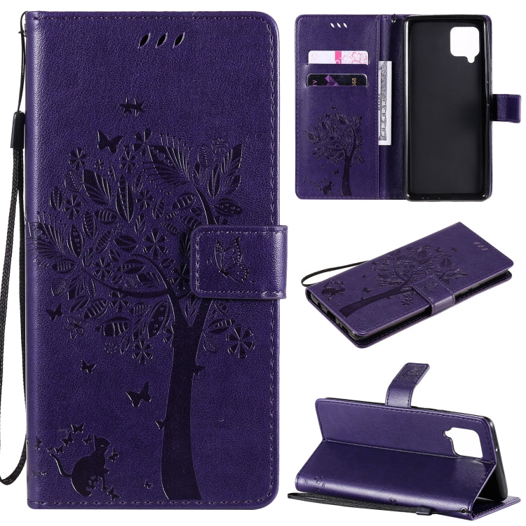 Tree & Cat Pattern Pressed Printing Horizontal Flip PU Leather Case with Holder & Card Slots & Wallet & Lanyard, For OPPO F17 / A73, For Samsung Galaxy A42 5G