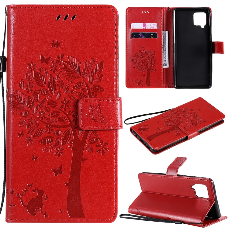 Tree & Cat Pattern Pressed Printing Horizontal Flip PU Leather Case with Holder & Card Slots & Wallet & Lanyard, For OPPO F17 / A73, For Samsung Galaxy A42 5G