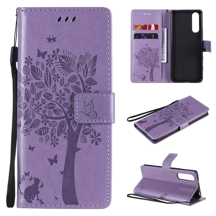 Tree & Cat Pattern Pressed Printing Horizontal Flip PU Leather Case with Holder & Card Slots & Wallet & Lanyard, For OPPO Realme 7 Pro, For Sony Xperia5 II