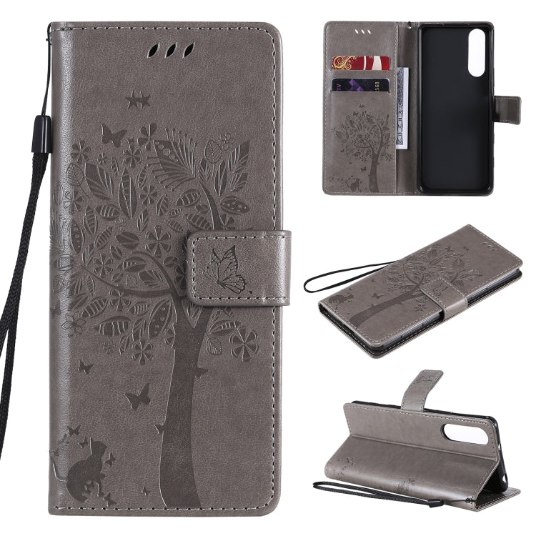 Tree & Cat Pattern Pressed Printing Horizontal Flip PU Leather Case with Holder & Card Slots & Wallet & Lanyard, For OPPO Realme 7 Pro, For Sony Xperia5 II