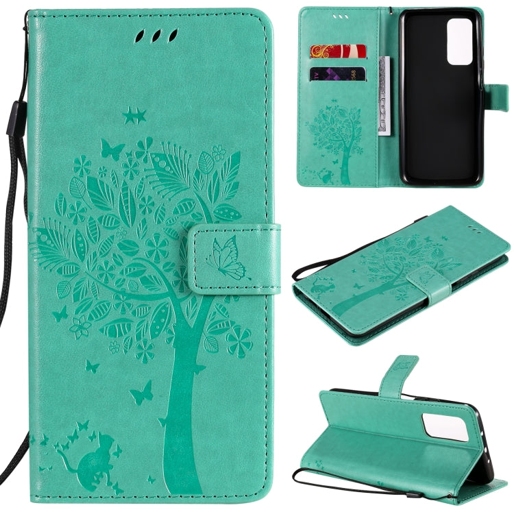 Tree & Cat Pattern Pressed Printing Horizontal Flip PU Leather Case with Holder & Card Slots & Wallet & Lanyard, For OPPO Realme 7i / C17, For Xiaomi Mi 10T / 10T Pro