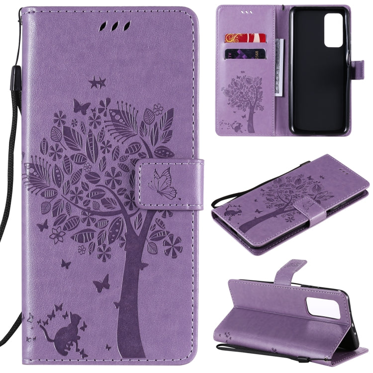 Tree & Cat Pattern Pressed Printing Horizontal Flip PU Leather Case with Holder & Card Slots & Wallet & Lanyard, For OPPO Realme 7i / C17, For Xiaomi Mi 10T / 10T Pro