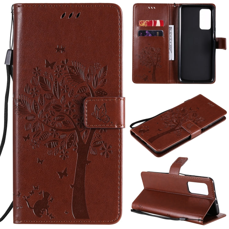 Tree & Cat Pattern Pressed Printing Horizontal Flip PU Leather Case with Holder & Card Slots & Wallet & Lanyard, For OPPO Realme 7i / C17, For Xiaomi Mi 10T / 10T Pro
