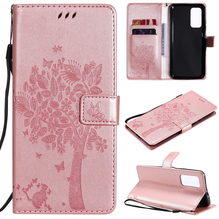 Tree & Cat Pattern Pressed Printing Horizontal Flip PU Leather Case with Holder & Card Slots & Wallet & Lanyard, For OPPO Realme 7i / C17, For Xiaomi Mi 10T / 10T Pro