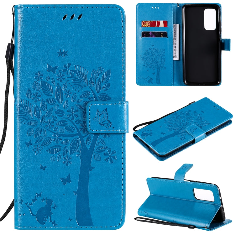 Tree & Cat Pattern Pressed Printing Horizontal Flip PU Leather Case with Holder & Card Slots & Wallet & Lanyard, For OPPO Realme 7i / C17, For Xiaomi Mi 10T / 10T Pro