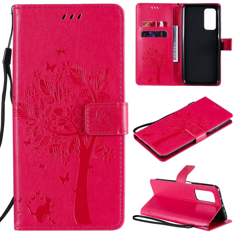 Tree & Cat Pattern Pressed Printing Horizontal Flip PU Leather Case with Holder & Card Slots & Wallet & Lanyard, For OPPO Realme 7i / C17, For Xiaomi Mi 10T / 10T Pro