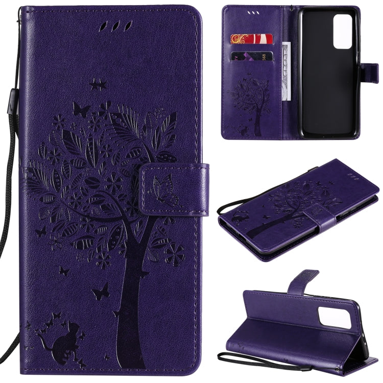 Tree & Cat Pattern Pressed Printing Horizontal Flip PU Leather Case with Holder & Card Slots & Wallet & Lanyard, For OPPO Realme 7i / C17, For Xiaomi Mi 10T / 10T Pro