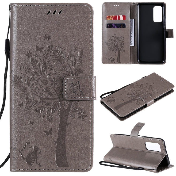 Tree & Cat Pattern Pressed Printing Horizontal Flip PU Leather Case with Holder & Card Slots & Wallet & Lanyard, For OPPO Realme 7i / C17, For Xiaomi Mi 10T / 10T Pro