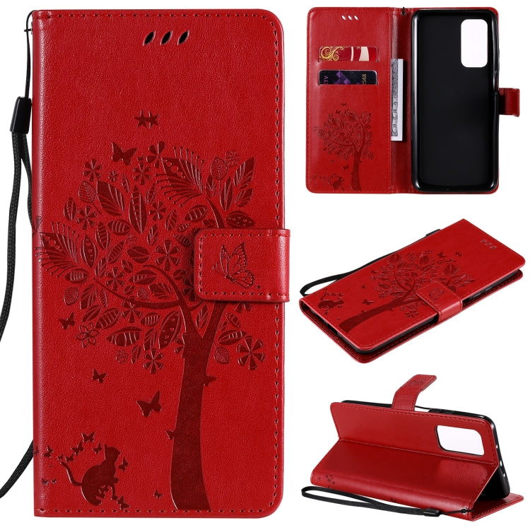 Tree & Cat Pattern Pressed Printing Horizontal Flip PU Leather Case with Holder & Card Slots & Wallet & Lanyard, For OPPO Realme 7i / C17, For Xiaomi Mi 10T / 10T Pro