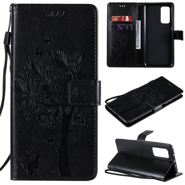 Tree & Cat Pattern Pressed Printing Horizontal Flip PU Leather Case with Holder & Card Slots & Wallet & Lanyard, For OPPO Realme 7i / C17, For Xiaomi Mi 10T / 10T Pro