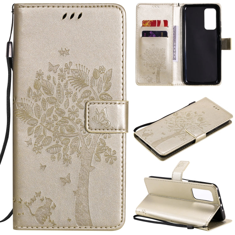 Tree & Cat Pattern Pressed Printing Horizontal Flip PU Leather Case with Holder & Card Slots & Wallet & Lanyard, For OPPO Realme 7i / C17, For Xiaomi Mi 10T / 10T Pro