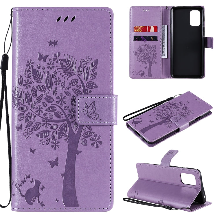Tree & Cat Pattern Pressed Printing Horizontal Flip PU Leather Case with Holder & Card Slots & Wallet & Lanyard, For OnePlus 8T, For OPPO Reno4 Pro 4G
