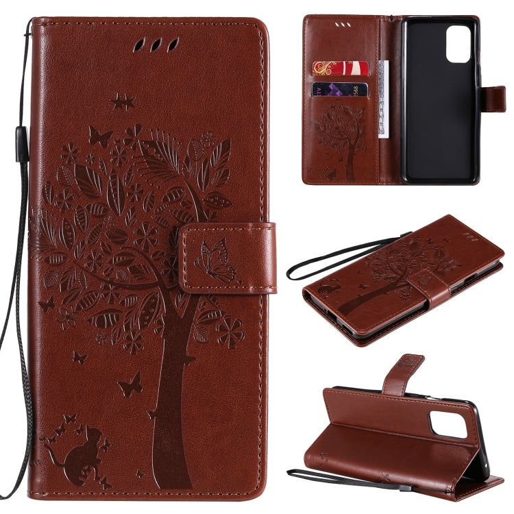 Tree & Cat Pattern Pressed Printing Horizontal Flip PU Leather Case with Holder & Card Slots & Wallet & Lanyard, For OnePlus 8T, For OPPO Reno4 Pro 4G