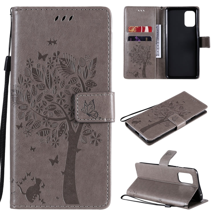 Tree & Cat Pattern Pressed Printing Horizontal Flip PU Leather Case with Holder & Card Slots & Wallet & Lanyard, For OnePlus 8T, For OPPO Reno4 Pro 4G