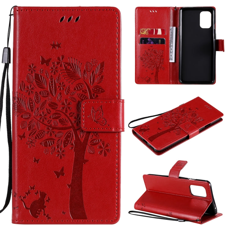 Tree & Cat Pattern Pressed Printing Horizontal Flip PU Leather Case with Holder & Card Slots & Wallet & Lanyard, For OnePlus 8T, For OPPO Reno4 Pro 4G