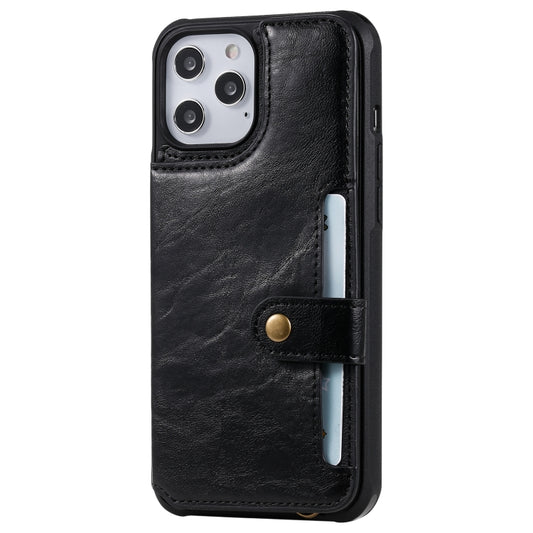 Black leather flip case iPhone 12 Pro Max featuring built-in photo frame and card storage