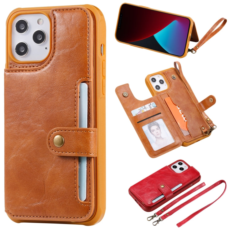 Shockproof Horizontal Flip Protective Case with Holder & Card Slots & Wallet & Photo Frame & Short Lanyard, For iPhone 12 Pro Max